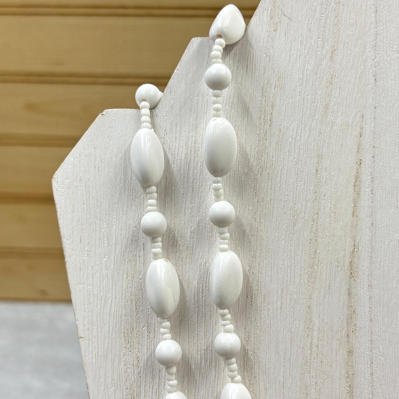 White 48″ Opera Length Beaded Necklace Plastic Resin Endless Loop