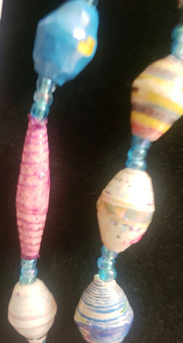 Multicolored Vintange Handmade Paper Bead Neckless 62in