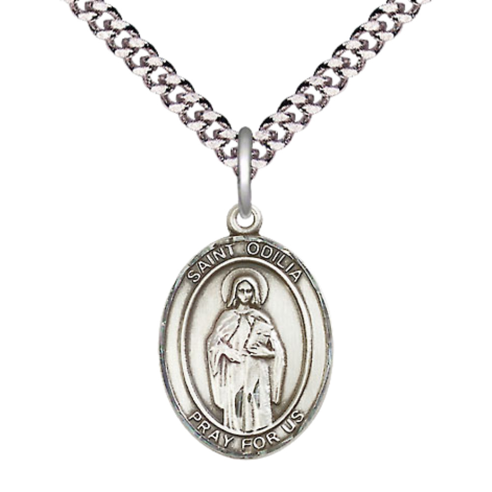 Medium Sterling Silver Saint Odilia Medal 24″ Lobster Claw Chain Necklace w/ Box