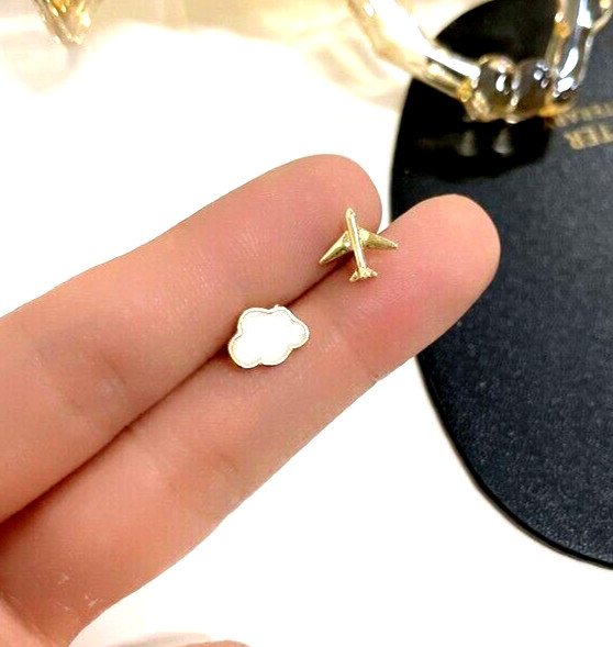 Trendy Gold Airplane Aircraft Plane White Cloud Shell Mismatch Stud Earrings
