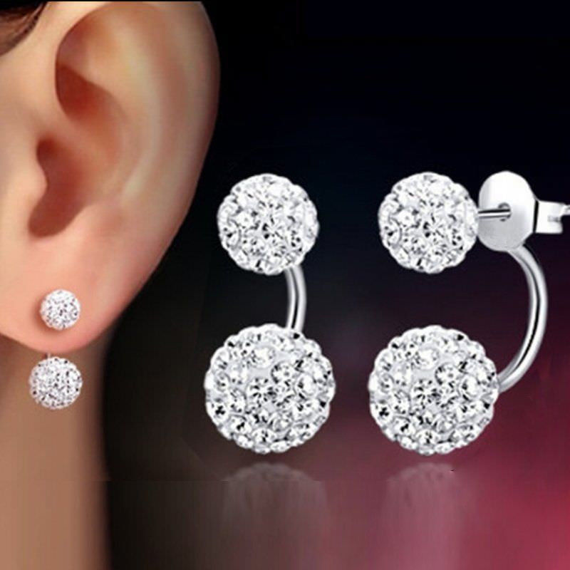 1 Pair Silver Women Lady Jewelry Double Beaded Rhinestone Crystal Stud Earrings