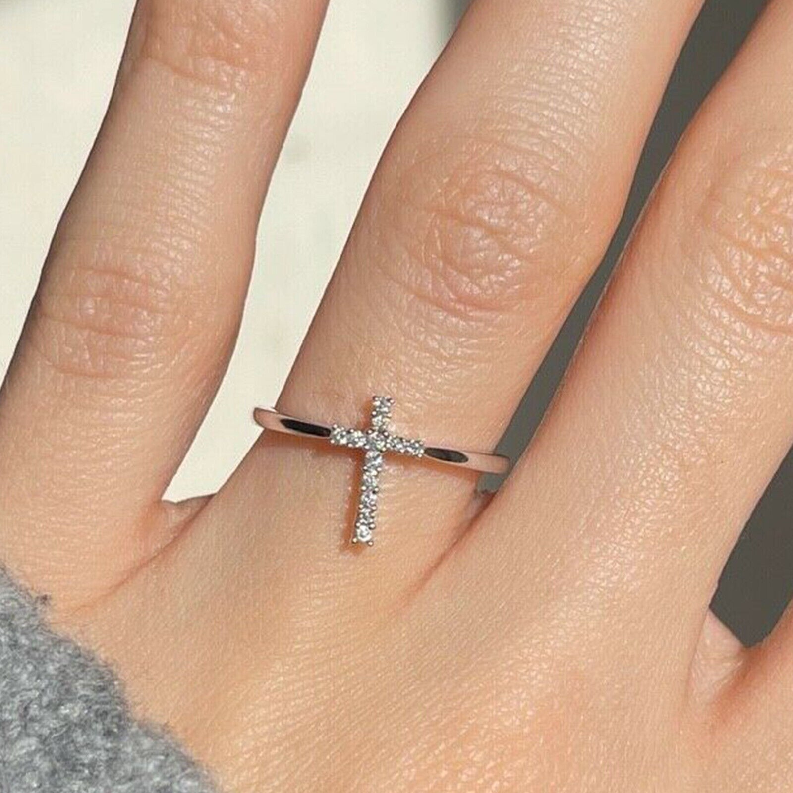 Stunning Cross Charm Band Ring Round Cut Simulated Diamond 14k White Gold Plated