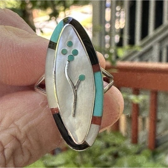 Sterling Silver Mother of Pearl Inlay Ring Turquoise Onyx Southwest Style As Is