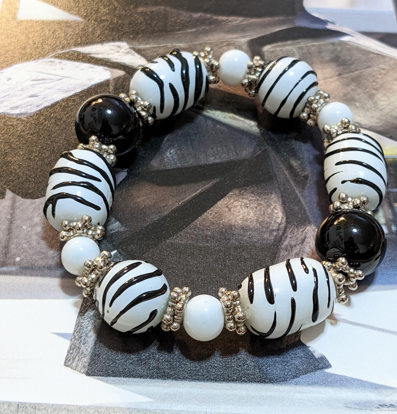 Zebra Bracelet Animal Print Black White Beaded Stretch Bracelet for Women