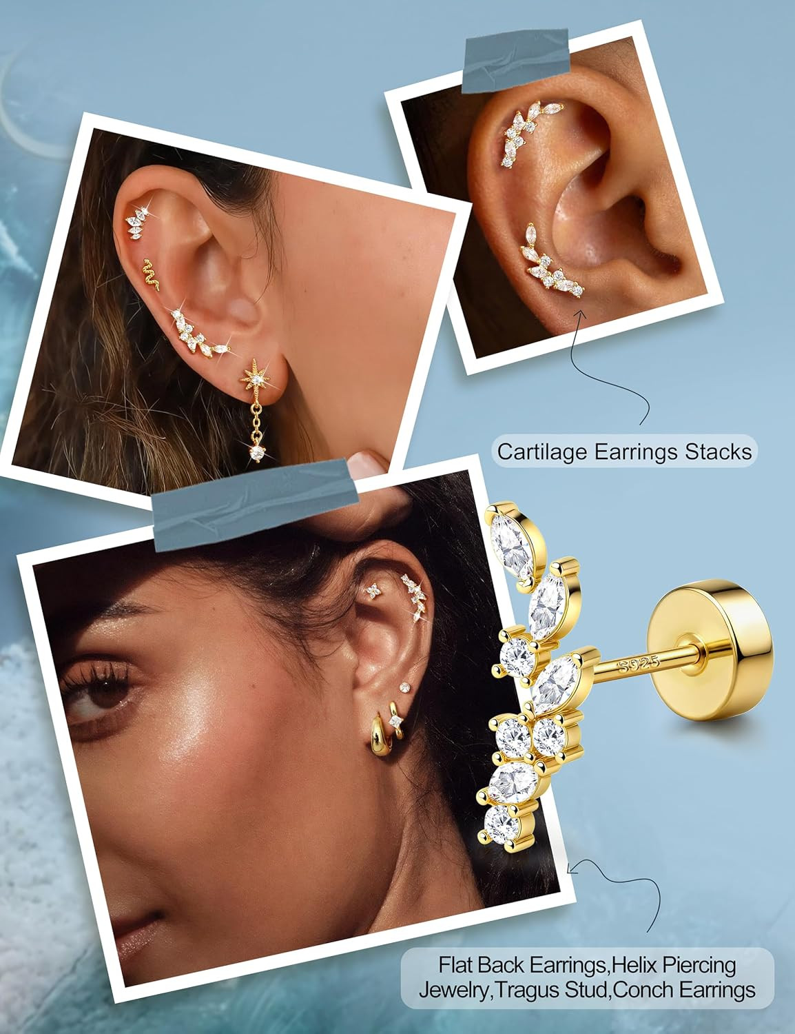 Hypoallergenic Cartilage Earrings for Women Flat Back-925 Sterling Silver Post S