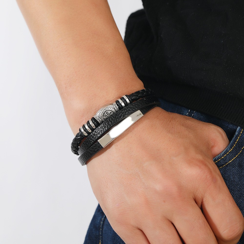 2PC Men’s Leather Bracelet Multilayer Braided Rope Charm Jewelry 21CM