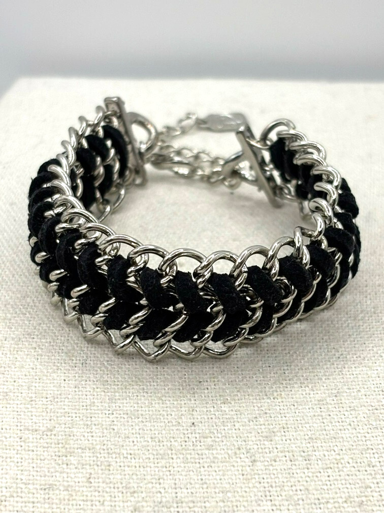 You And I Black Suede Silver Tone Weaved Chainmail Bracelet 9 Inch