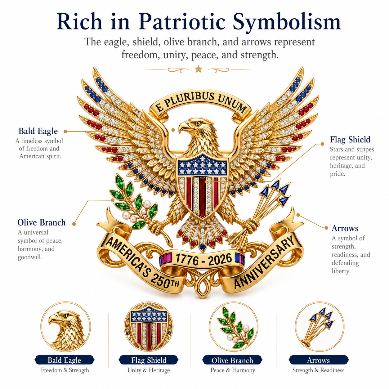 US 250th Anniversary Brooch Pin, Patriotic Bald Eagle Rhinestone Lapel Pin Jewel