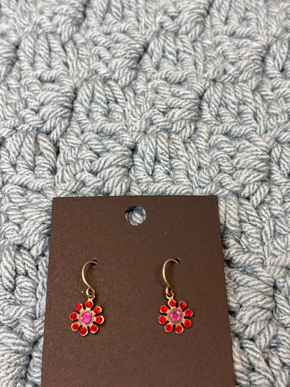 Dainty Rhinestone Flower Dangle Earrings Red Pink Silvertone Hooks 3/8 inch
