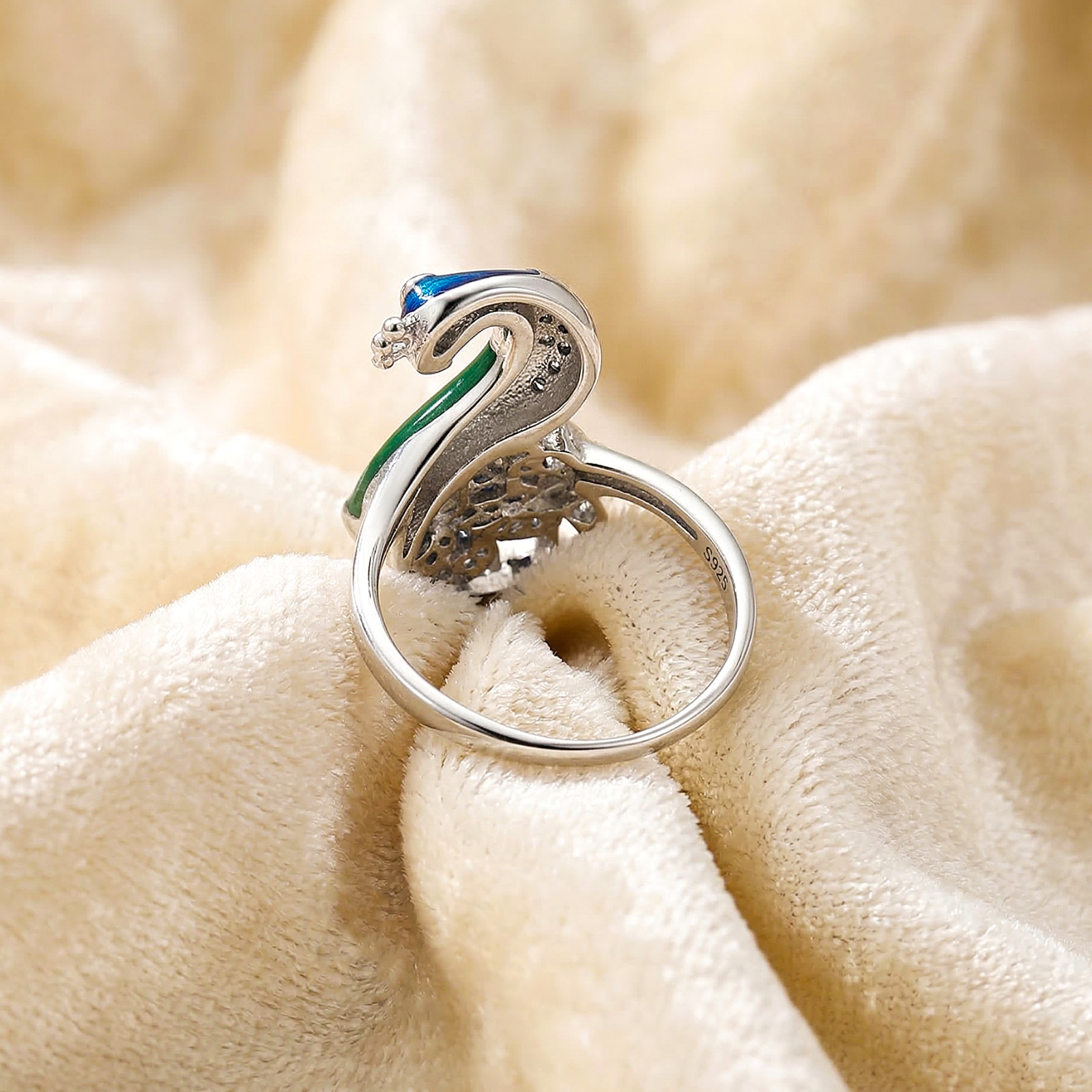 Blue/White Cubic Zirconia Enamel Peacock Ring, Unique Handmade Ring In925 Silver