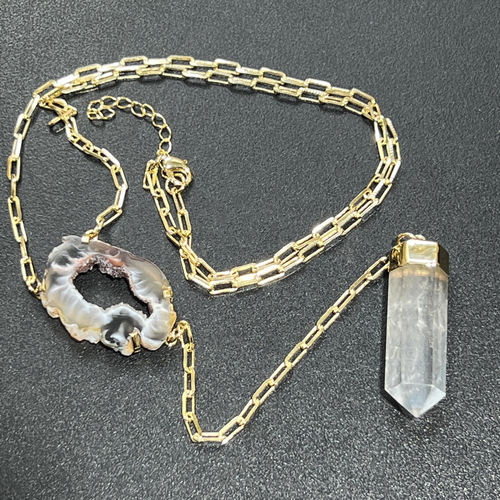 Quartz and Oco Geode Extra Long Lariat Y Drop Necklace (Gold Plated)