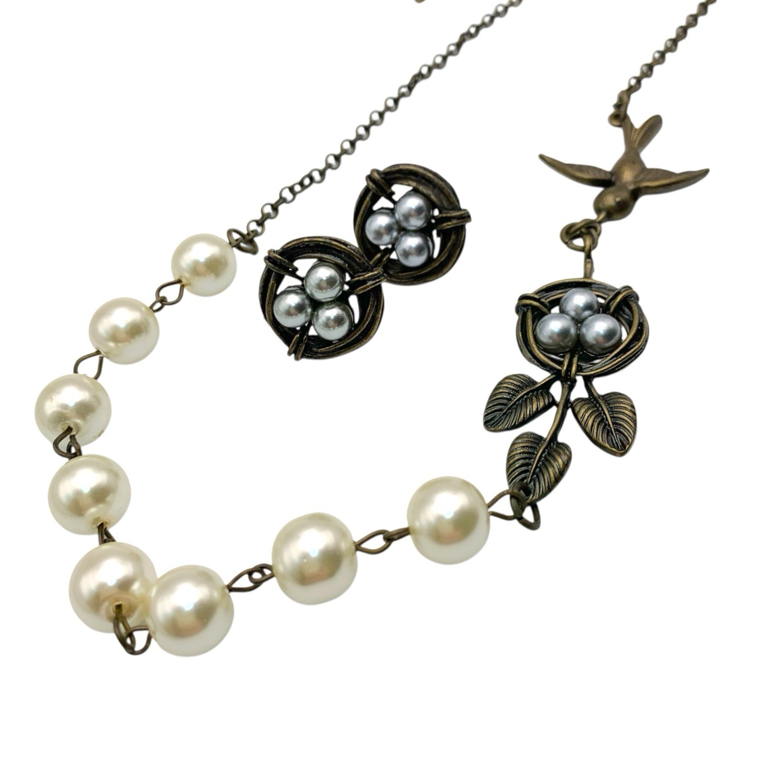 Plunder Bronze Tone 3D Bird Nest Gray Pearl Eggs Necklace And Earrings Set 17”
