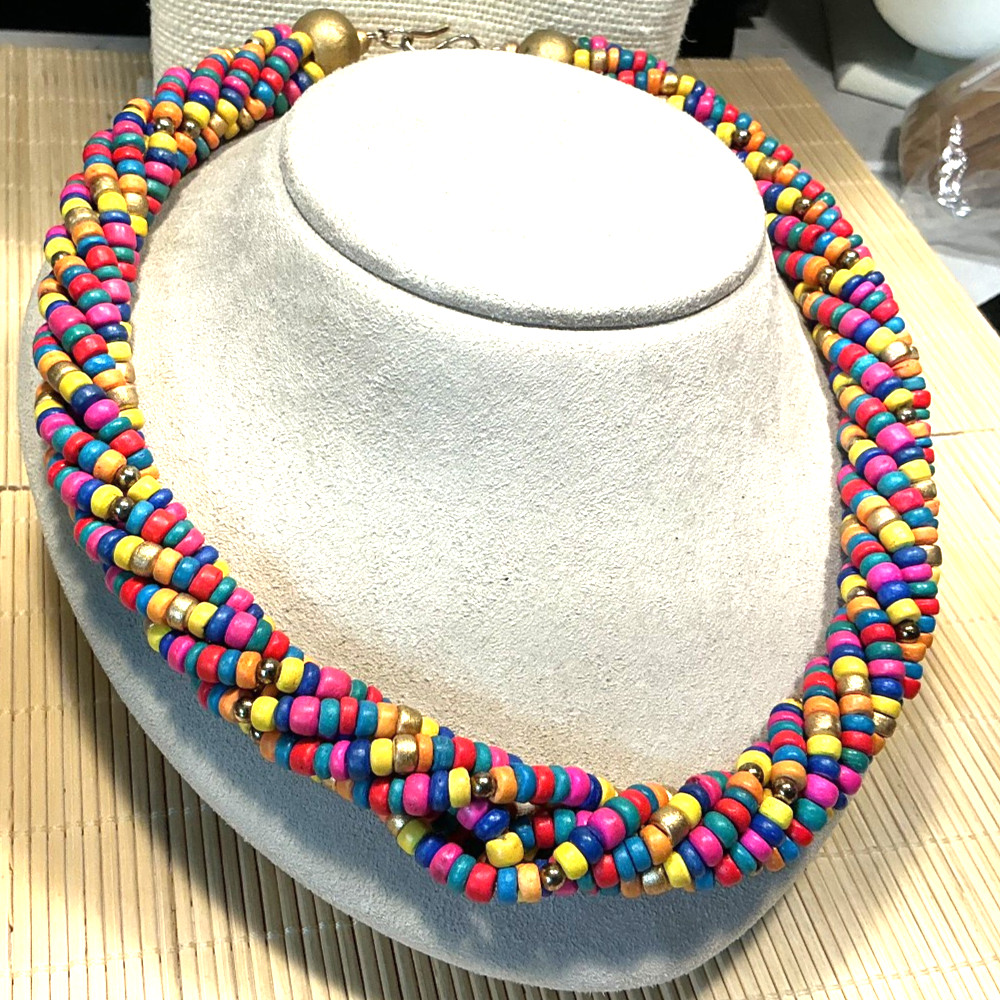 Ethnic Necklace Multi Color Wood Beaded Tube Choker Gold Tone Lot 103B
