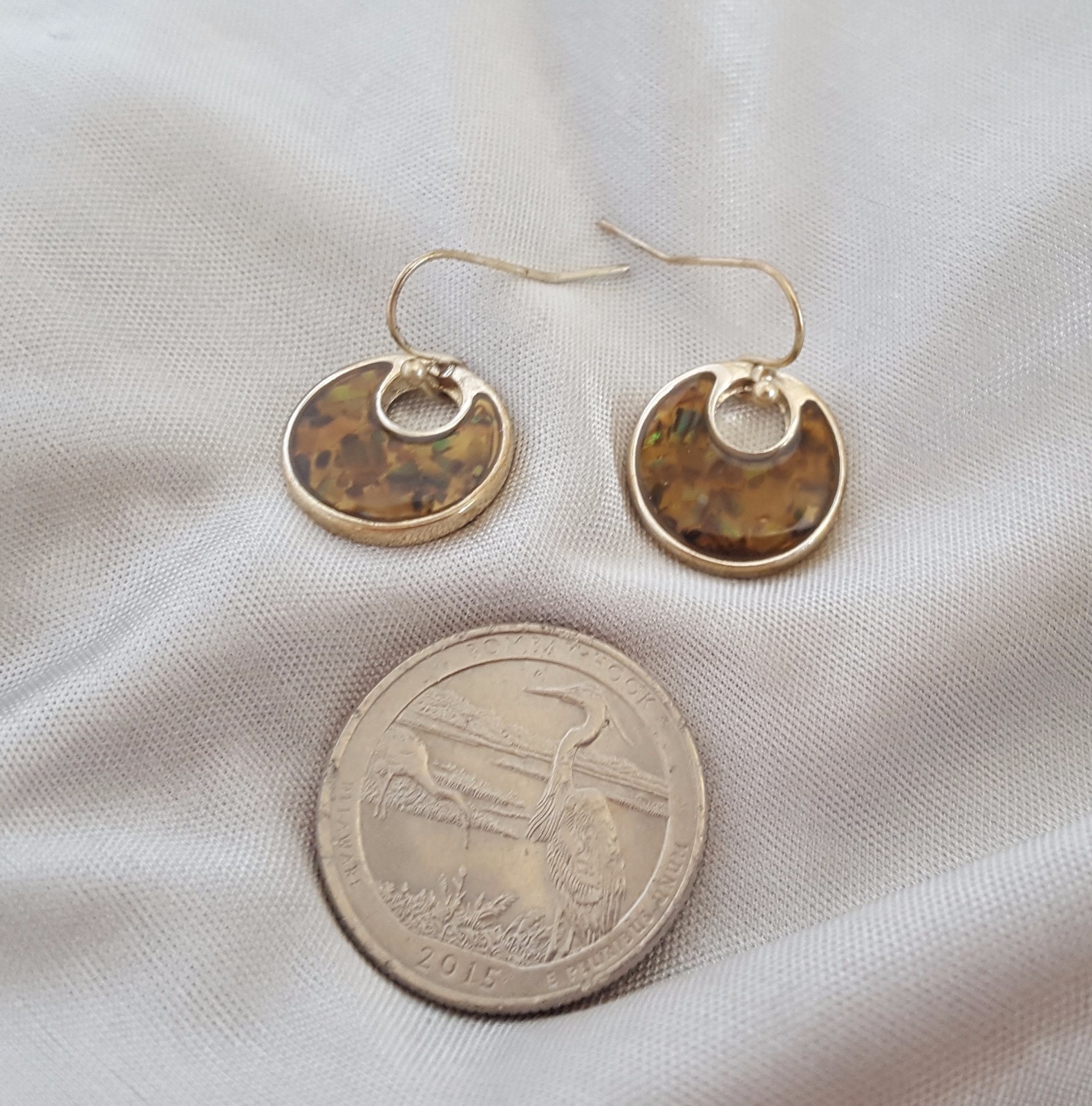 Earrings Hook Circle Moon Shape Glass and Metal Bronze Yellow Green Specked