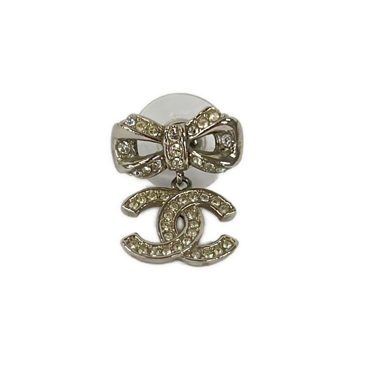 CHANEL Silver Clear Hardware Rhinestones Earrings