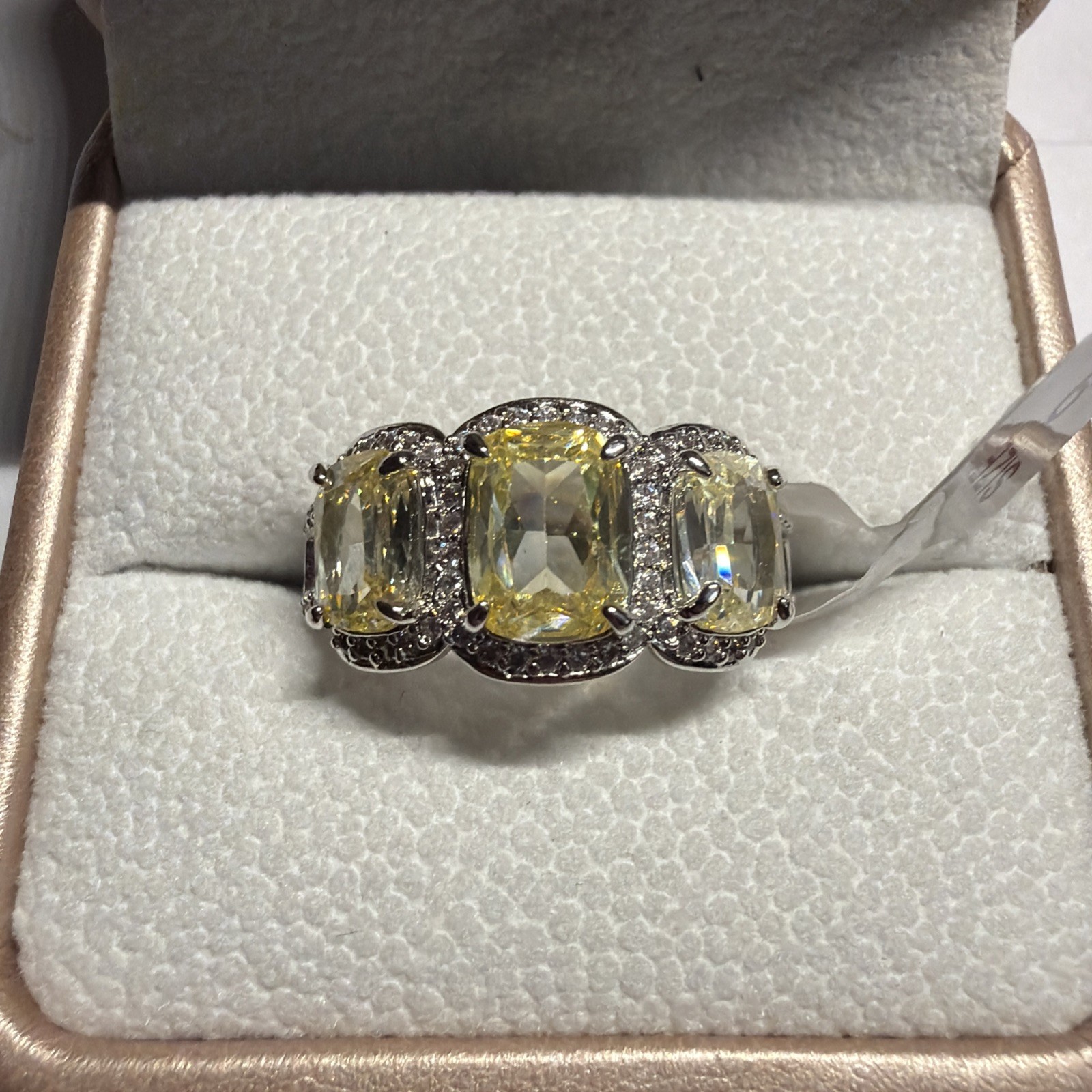 Bomb Party Yellow Cushion Cut Three Stone Halo Ring Silver Tone Size 9