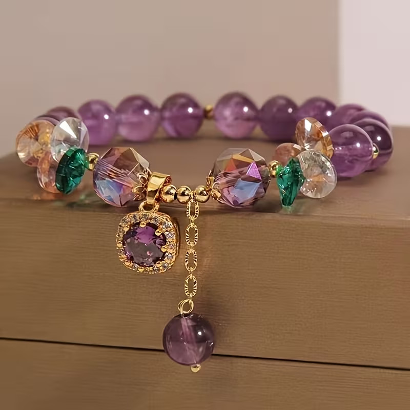 Elegant Purple Beaded Bracelet with Sparkling Crysal Stretchable about 7-8 inch