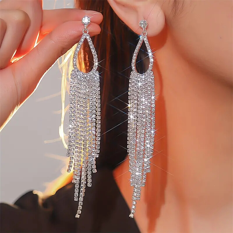 Rhinestone Tassel Dangle Earrings Zinc Alloy Earrings Elegant Style Jewelry
