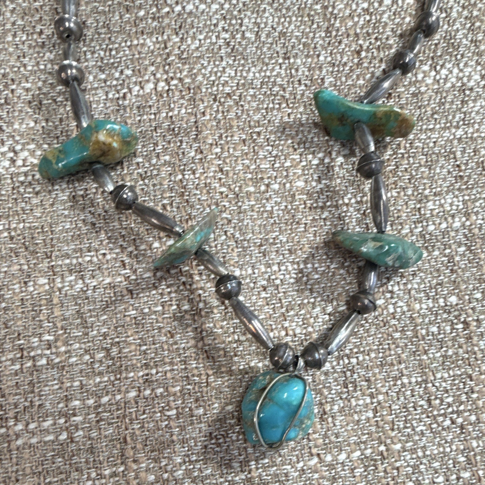 Turquoise Beaded Stone Necklace Silver Tone Freeform Charm Pendant Hook