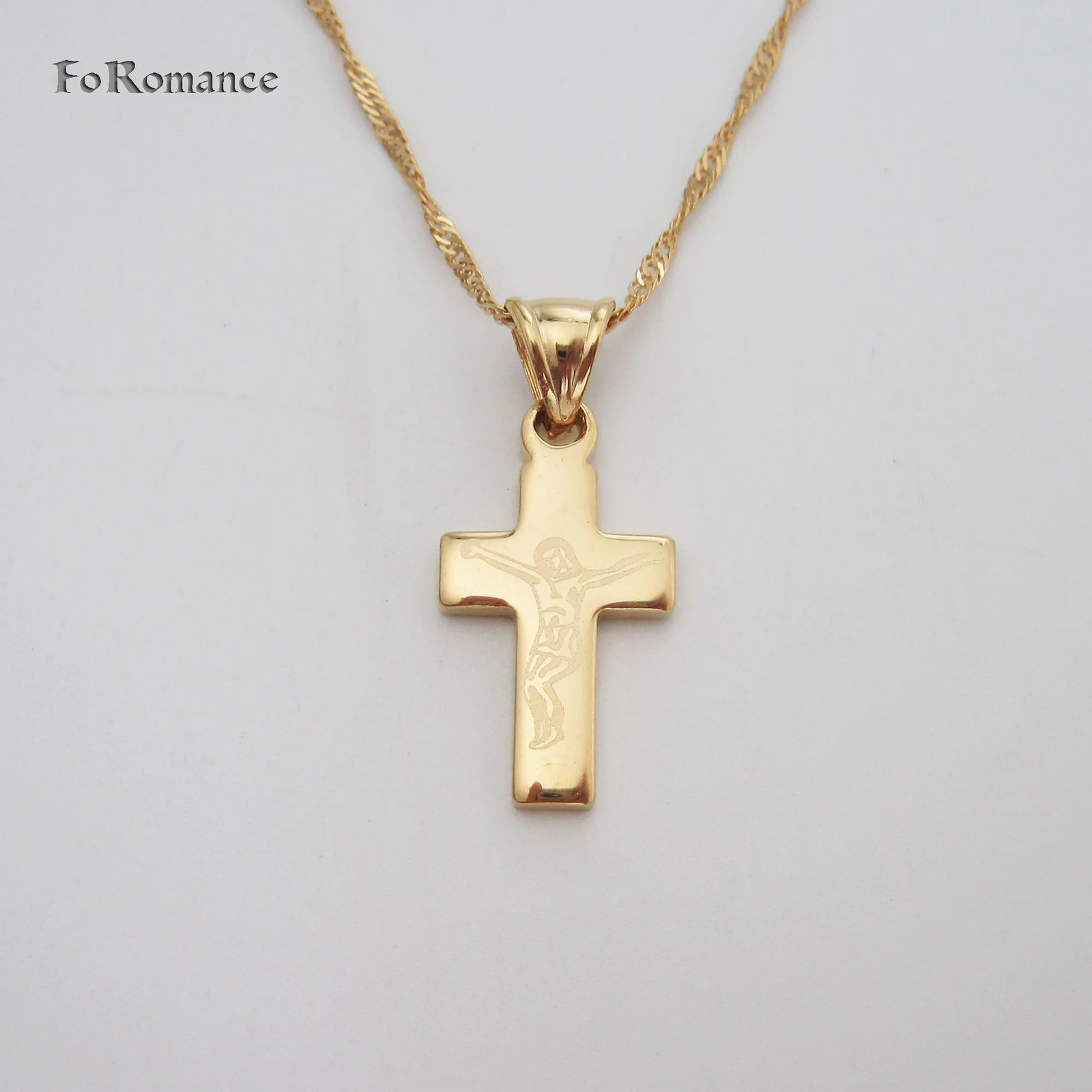 YELLOW GOLD COLOR 45CM WATER WAVE NECKLACE PLAIN SURFACE JESUS CROSS GOD PENDANT