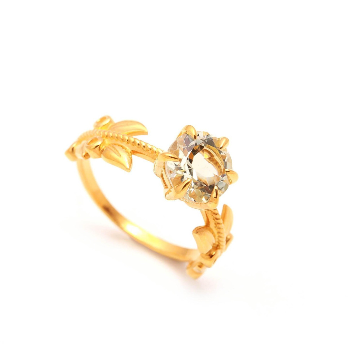 Natural Green Amethyst Round Leaf Ring 925 Sterling Silver Gold Plated Jewelry