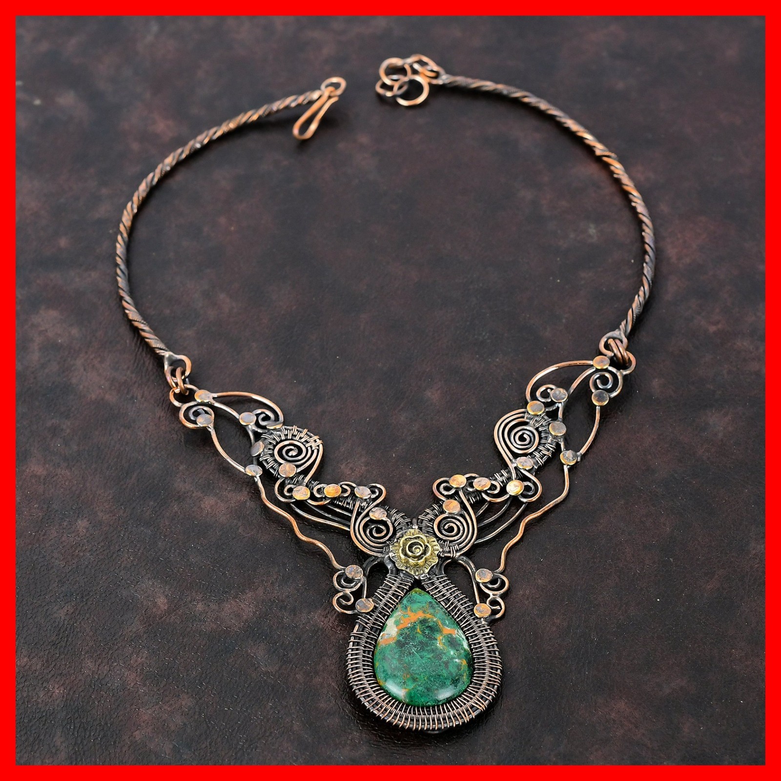Copper Pear Cuprite Chrysocolla Gemstone New Chain Wire Wrapped Flower Necklace