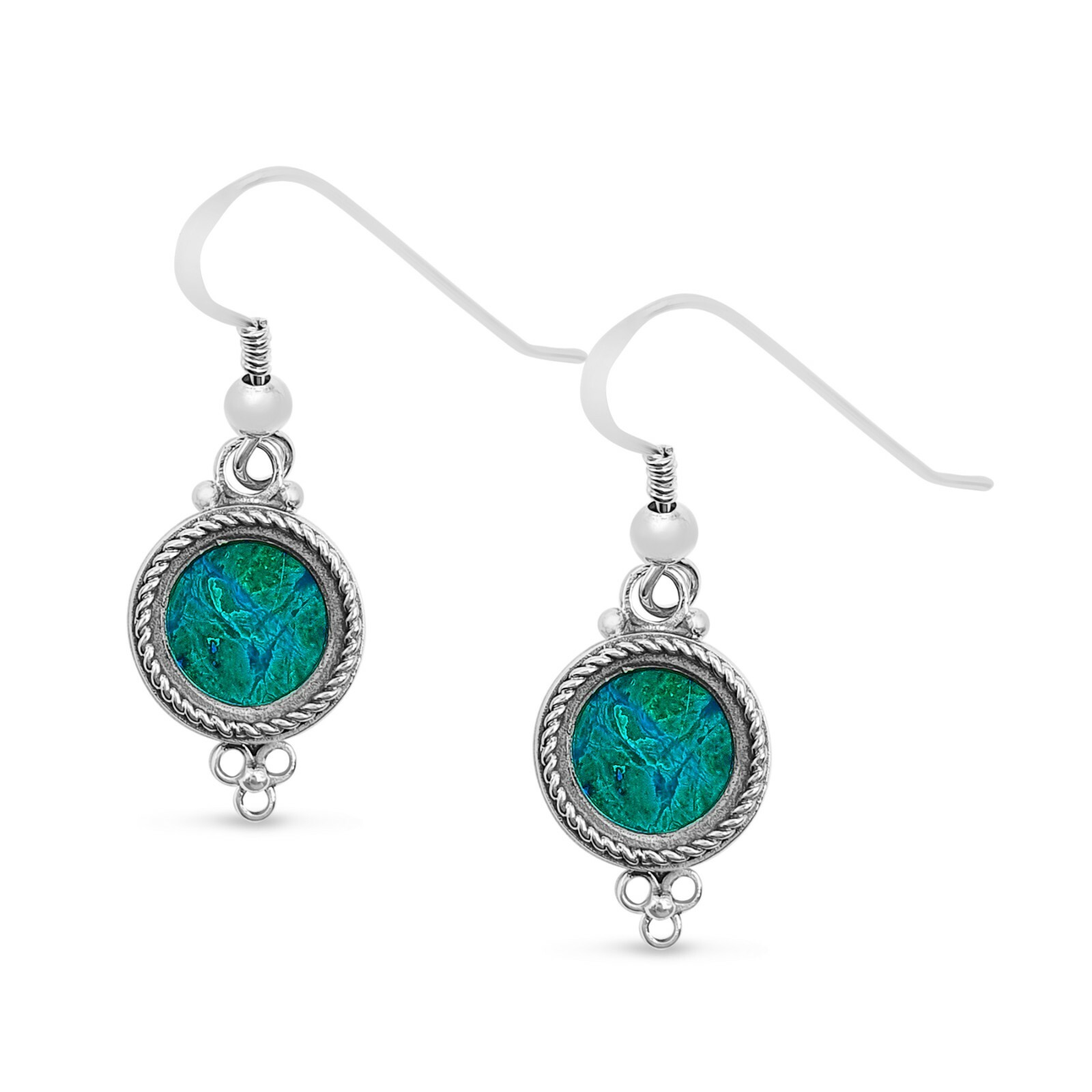 Sterling Silver Blue Green King Solomon Natural Eilat Stone Small Round Earrings