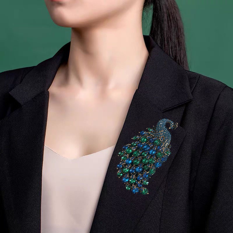 Exquisite 4.1″ Peacock Brooch Pin Pendant Blue Green Rhinestone Crystal Vintage