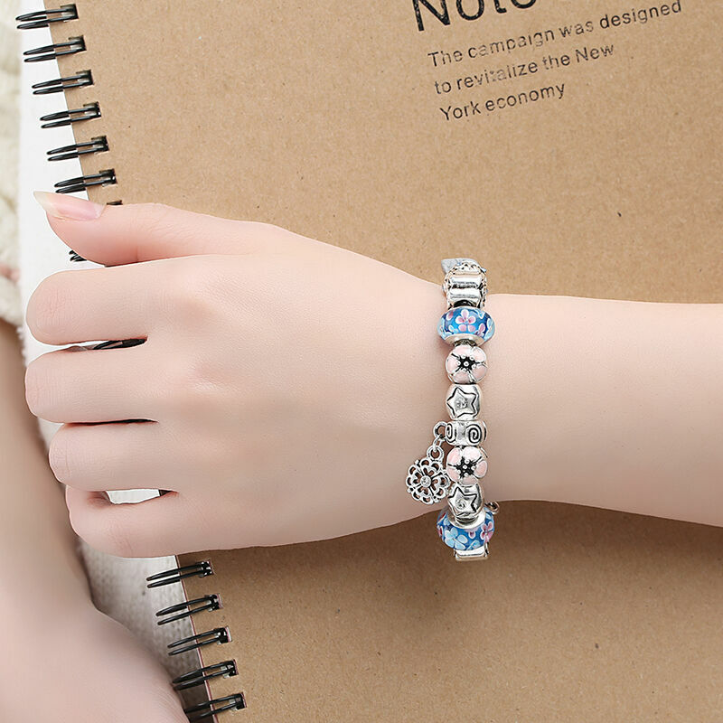 925 SILVER PLATED CHARMS BRACELET W/ FLOWER BEADS / LENGTH 7.5” / AMAZING LOOK!