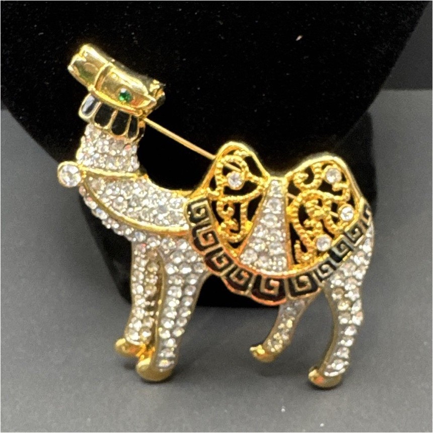 Gold Tone Camel Brooch Pin, Clear Round Rhinestone & Black Green Enamel, 3 in