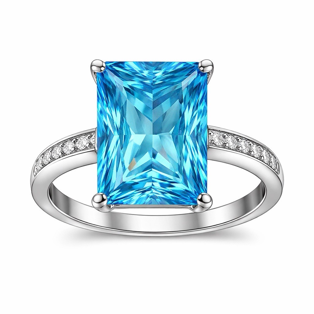 Blue Topaz CZ Ring Set Size 8.5 Stainless Steel Radiant Cut Silver Tone FREE SHP
