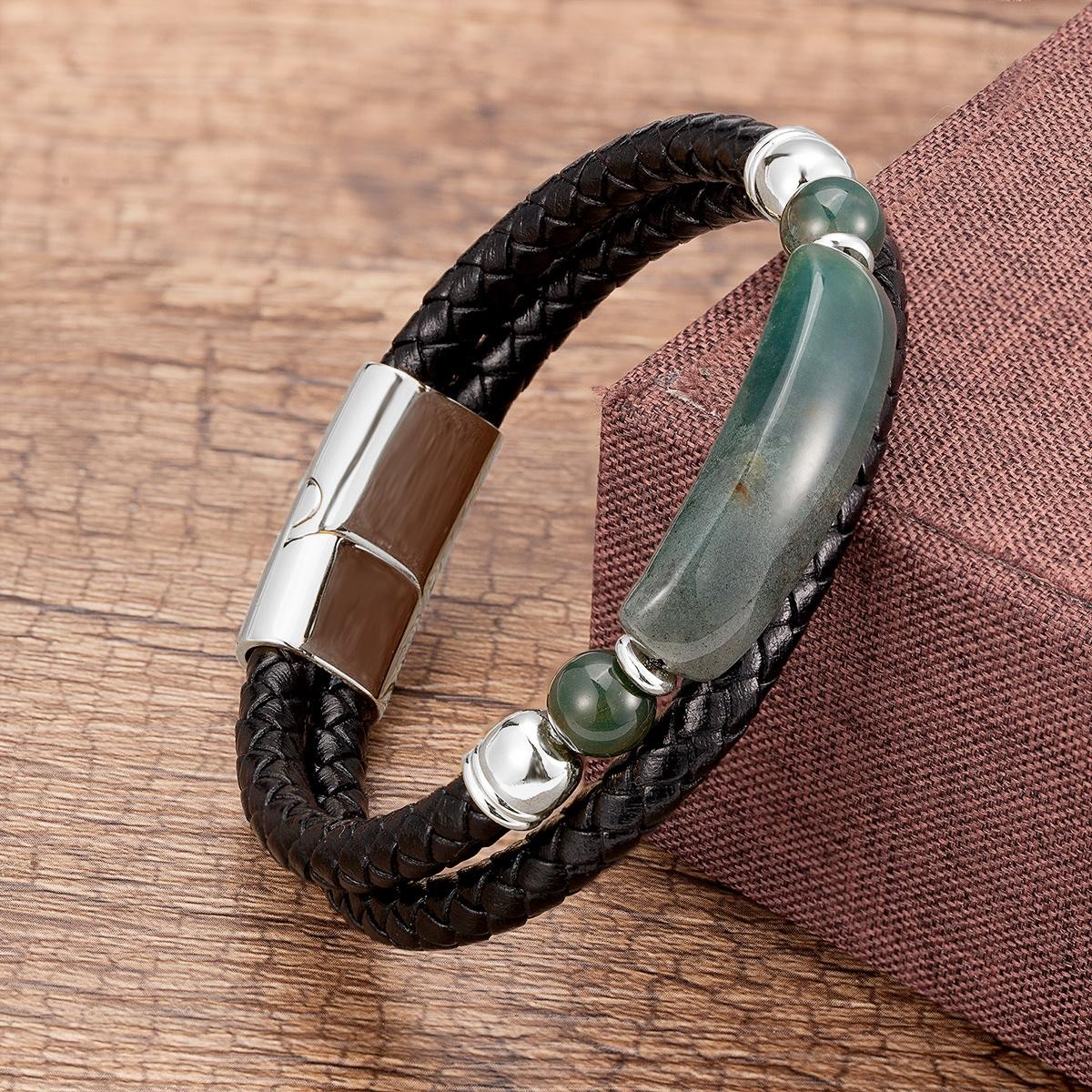 Men’s Multi-Layer Leather Bracelet with Natural Stone – Stainless Steel Clasp