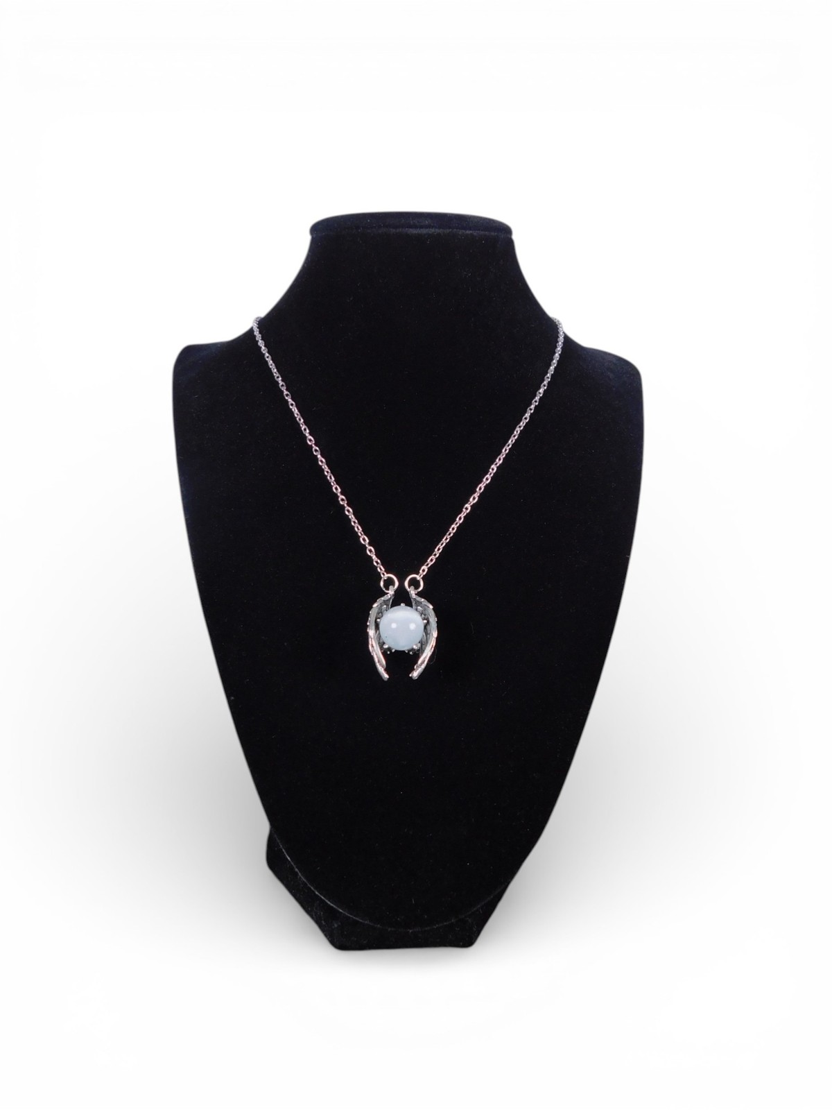 Angel Wing Pendant Necklace Silver Tone White Glass Religious Jewelry Adjustable