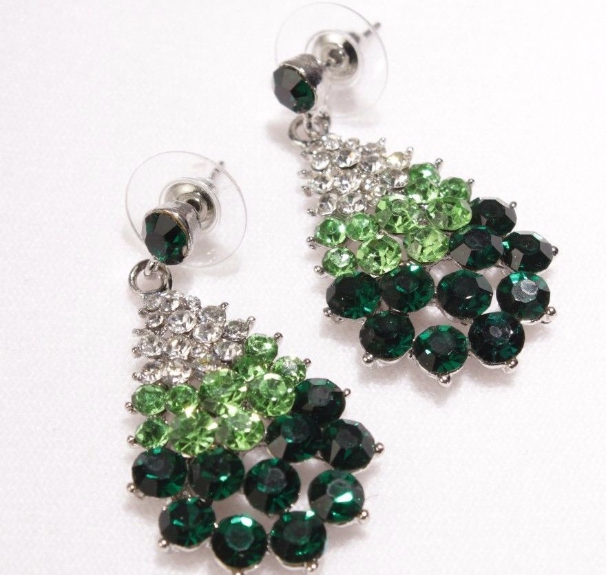 Pierced Earrings Crystal Super Bling 1 5/8 inch Green Peacock Style Wedding NEW