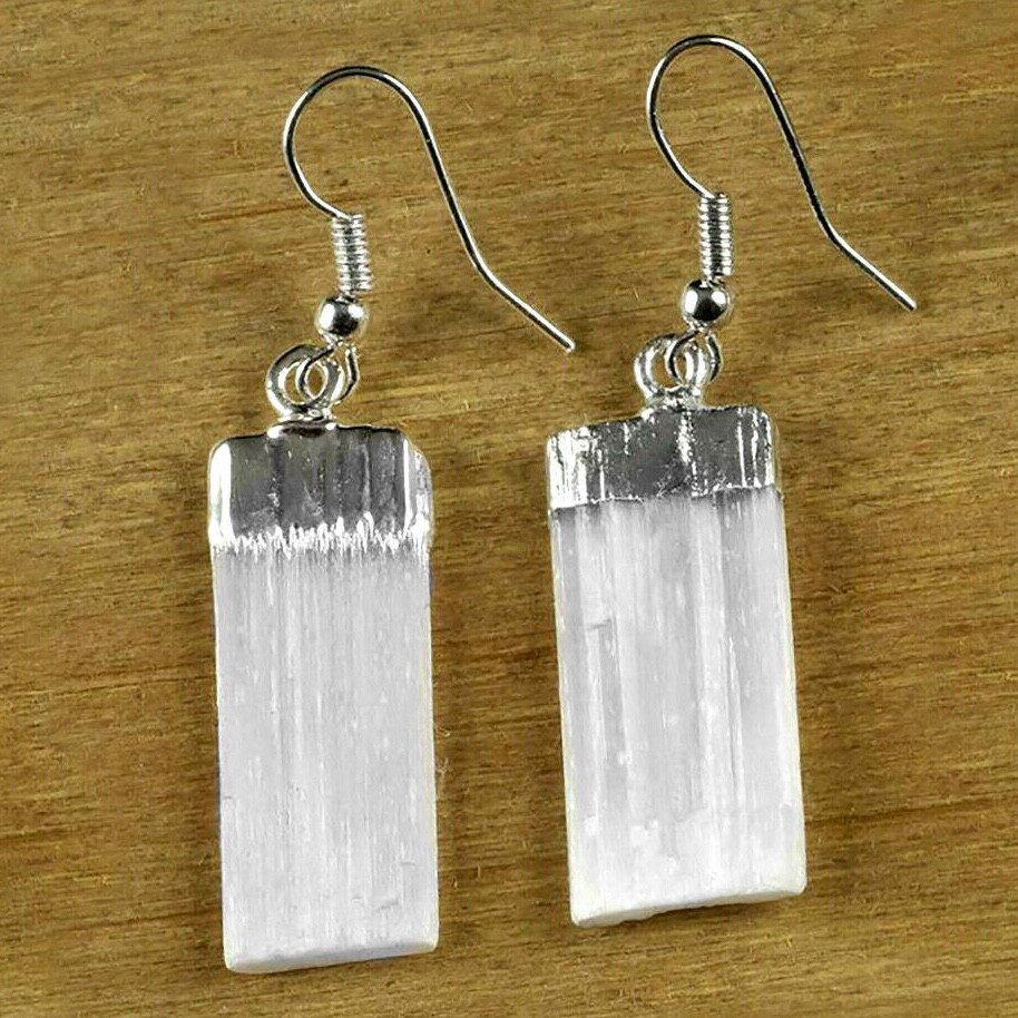 Natural Selenite Crystal Earrings Silver Dangle Wire Hook Reiki Energy Healing
