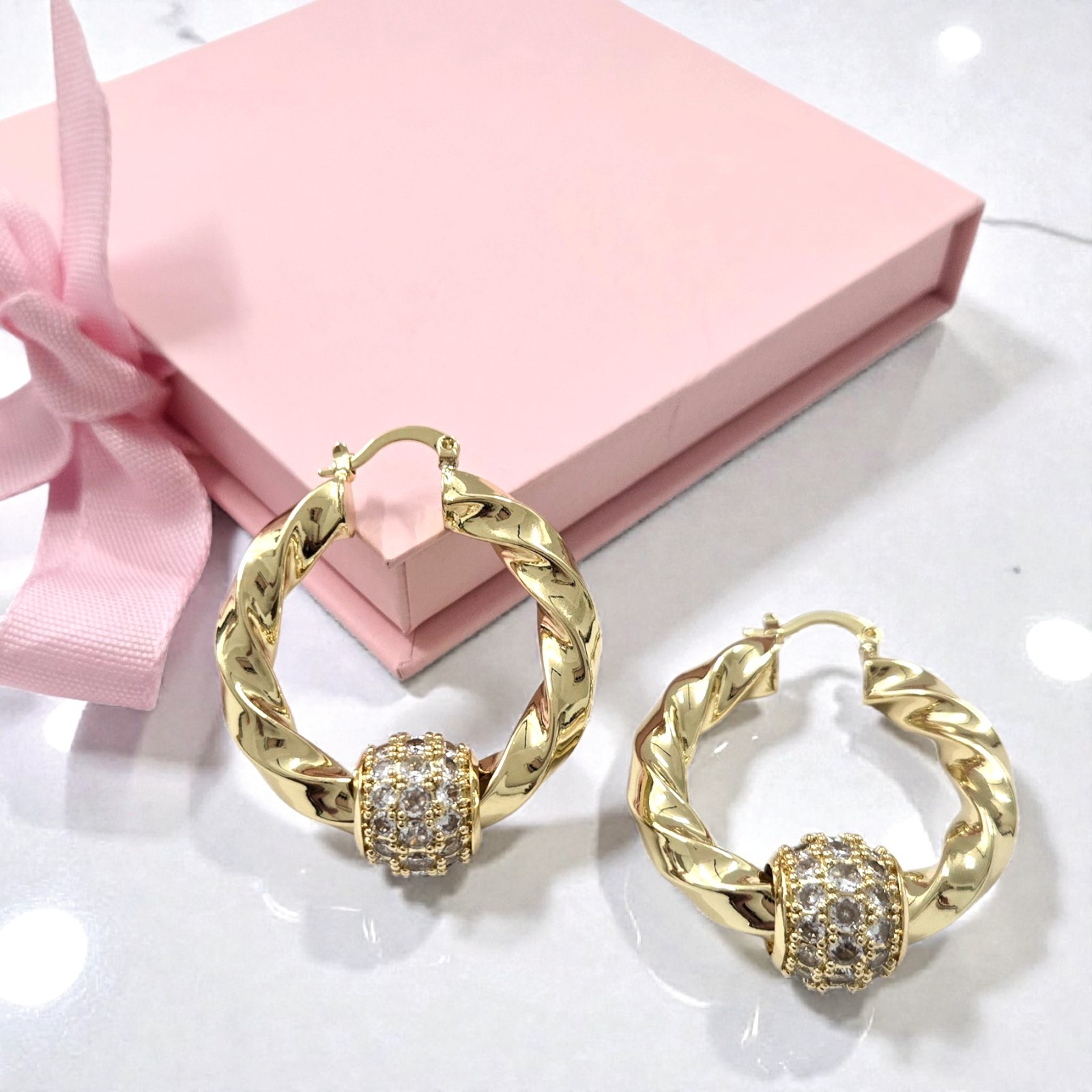 9ct Gold Filled 35mm Small Twist Earrings Gold Hoops With Balls Chunky Twist