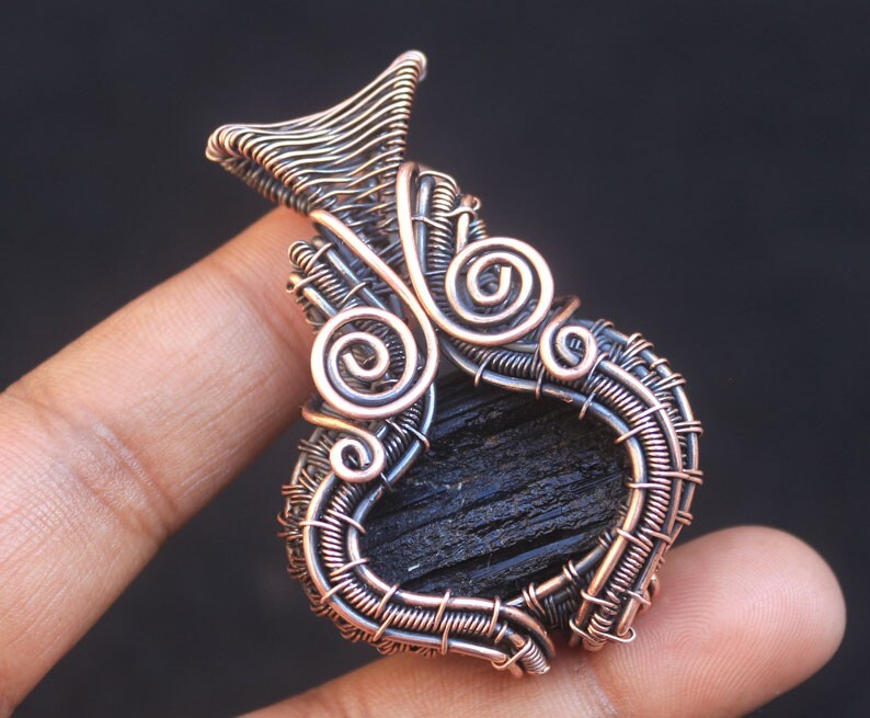 Rare Black Tourmaline Druzy Copper Wire Wrap Pendant Jewelry Gift For Her N176