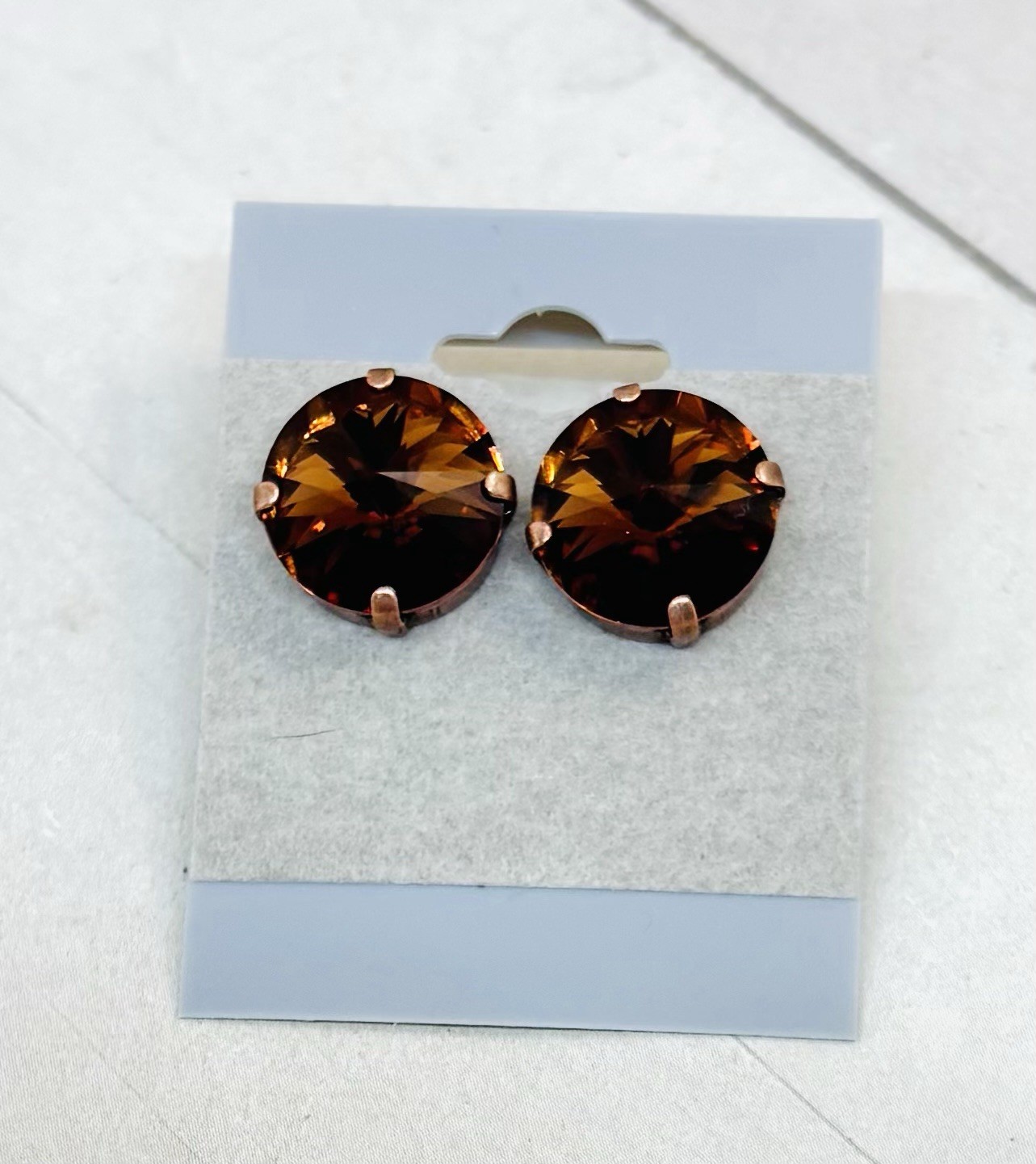 14mm Antique Copper Chocolate Brown Cup Chain Stud Earrings, Smoked Topaz Stones