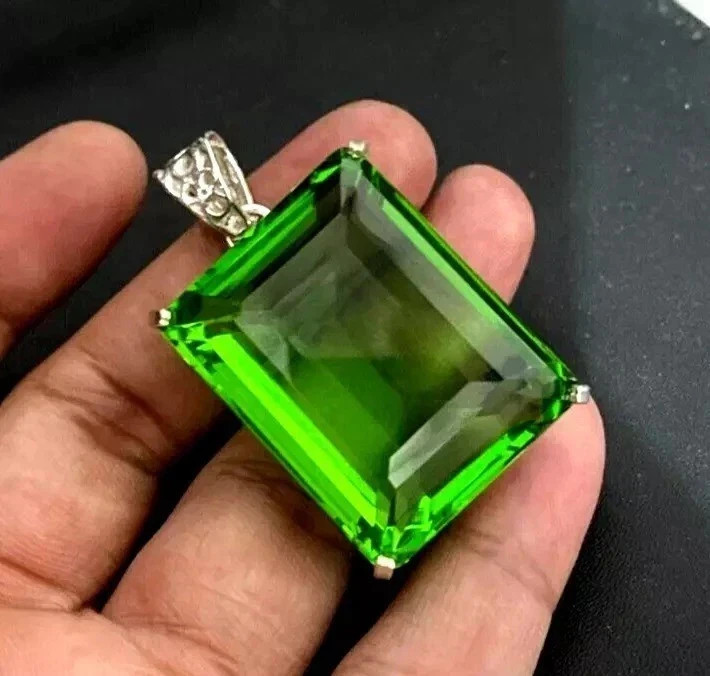 Natural Green Topaz Pendant 925 Solid Silver 120.50 Ct Emerald Cut MR Gemstone A
