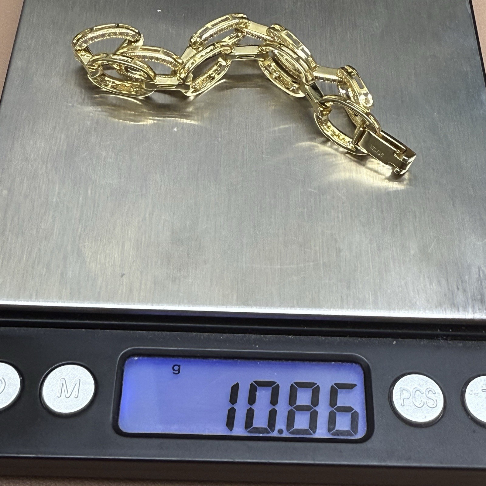 REL 925 Sterling Silver Gold Plated C Z Oval Bar Link Bracelet 6.5” 10g 9.1mm