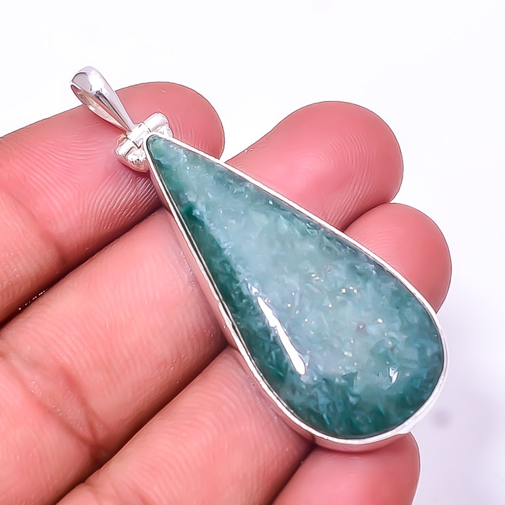 Green Aventurine -India 925 Sterling Silver Pendant 2.15″ P, Christmas Gift