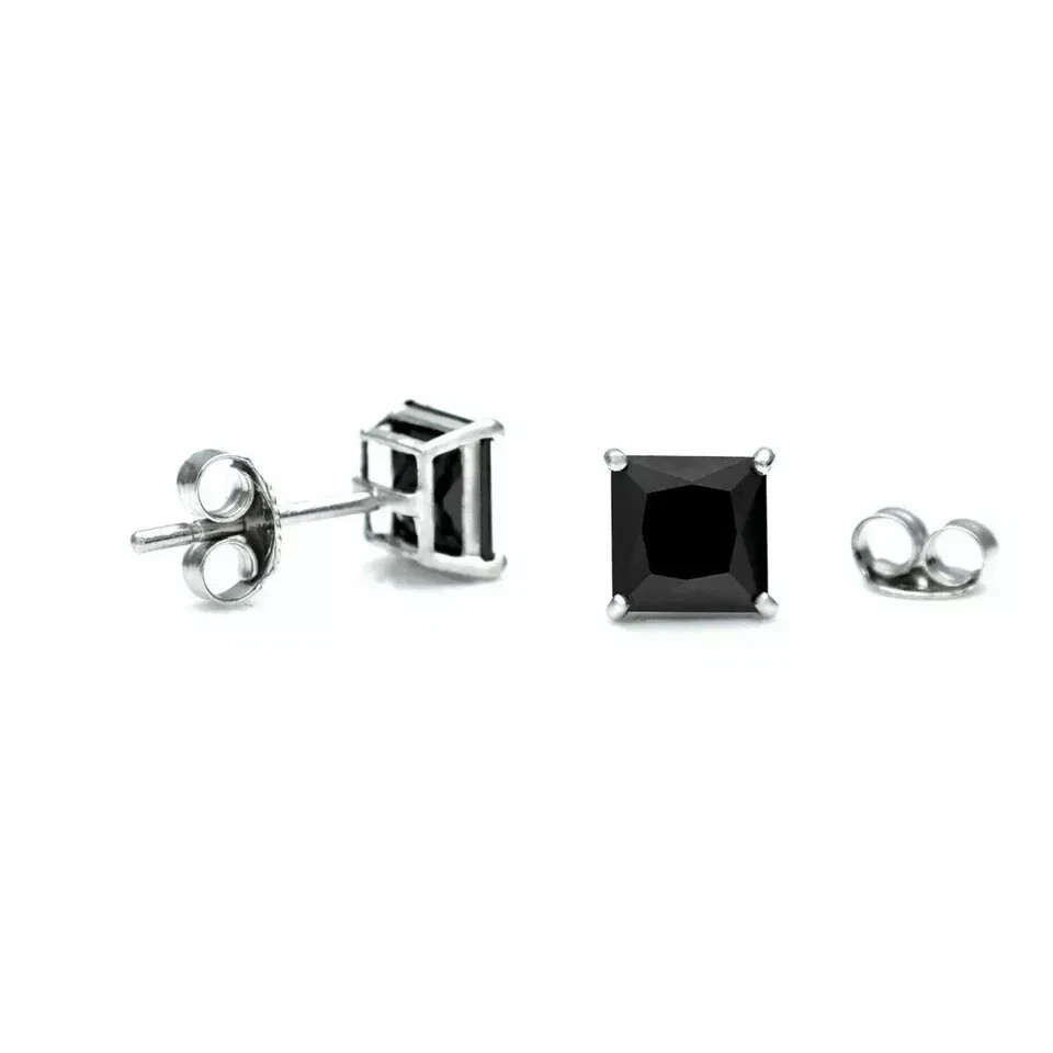 2.50Ct Princess Lab Created Black Diamond Stud Earrings 14k White Gold Plated