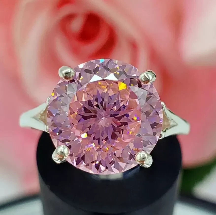 4.55 Ct Round Shape Pink Simulated Diamond Ring White Gold Plated