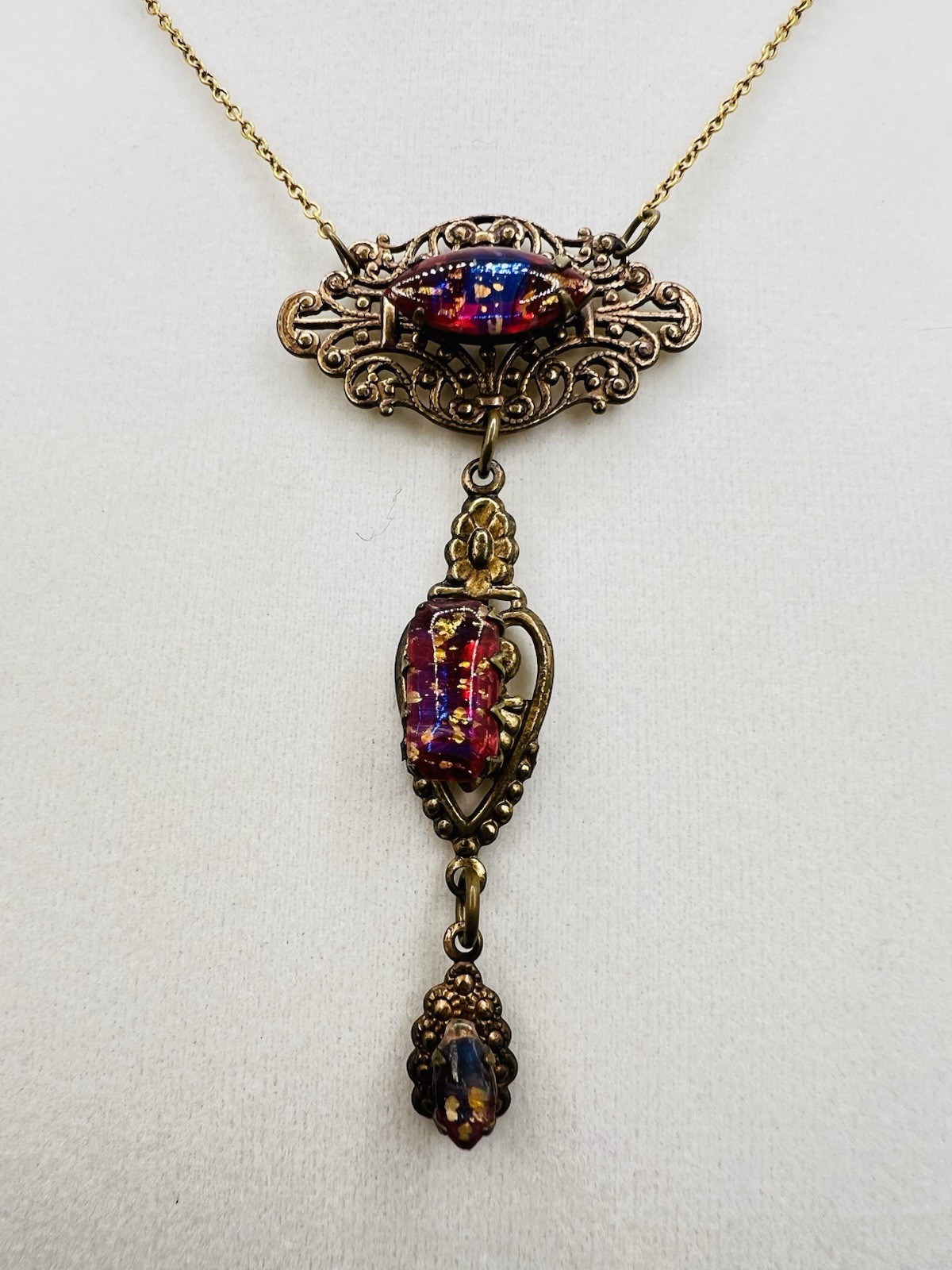 Art Nouveau Blue Red Foil Dragon Glass Brass Filigree Lavaliere Necklace