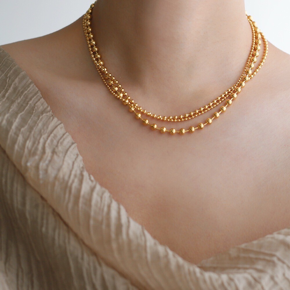 Woman 18K Gold Plated Triple Beaded Ball Chain Necklace Stainless Steel