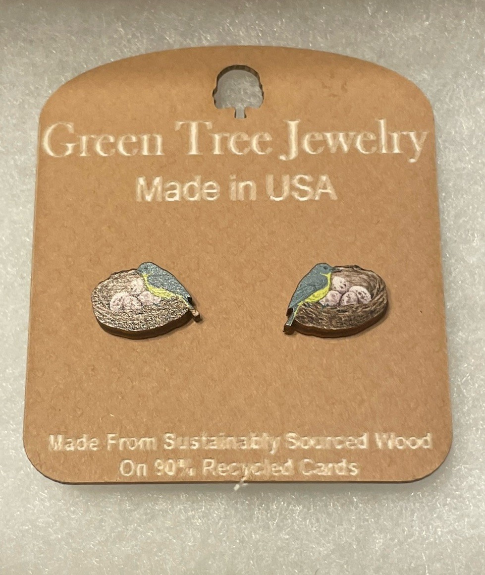Green Tree Jewelry Bird in Nest Wood Earrings Egg Studs Made in USA Gift Boxed
