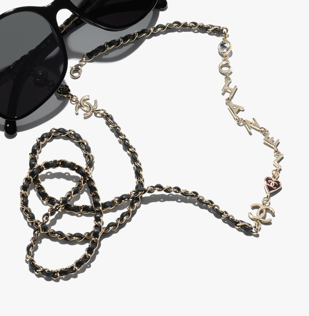 New Chanel Gold/Black Lambskin Chain Necklace/Eyewear Chain, Eyewear Cases/Cloth