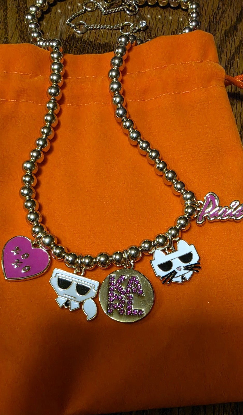 New KARL LAGERFELD Paris Charm Fashion Necklace Choupette Cat Pink Rhinestone