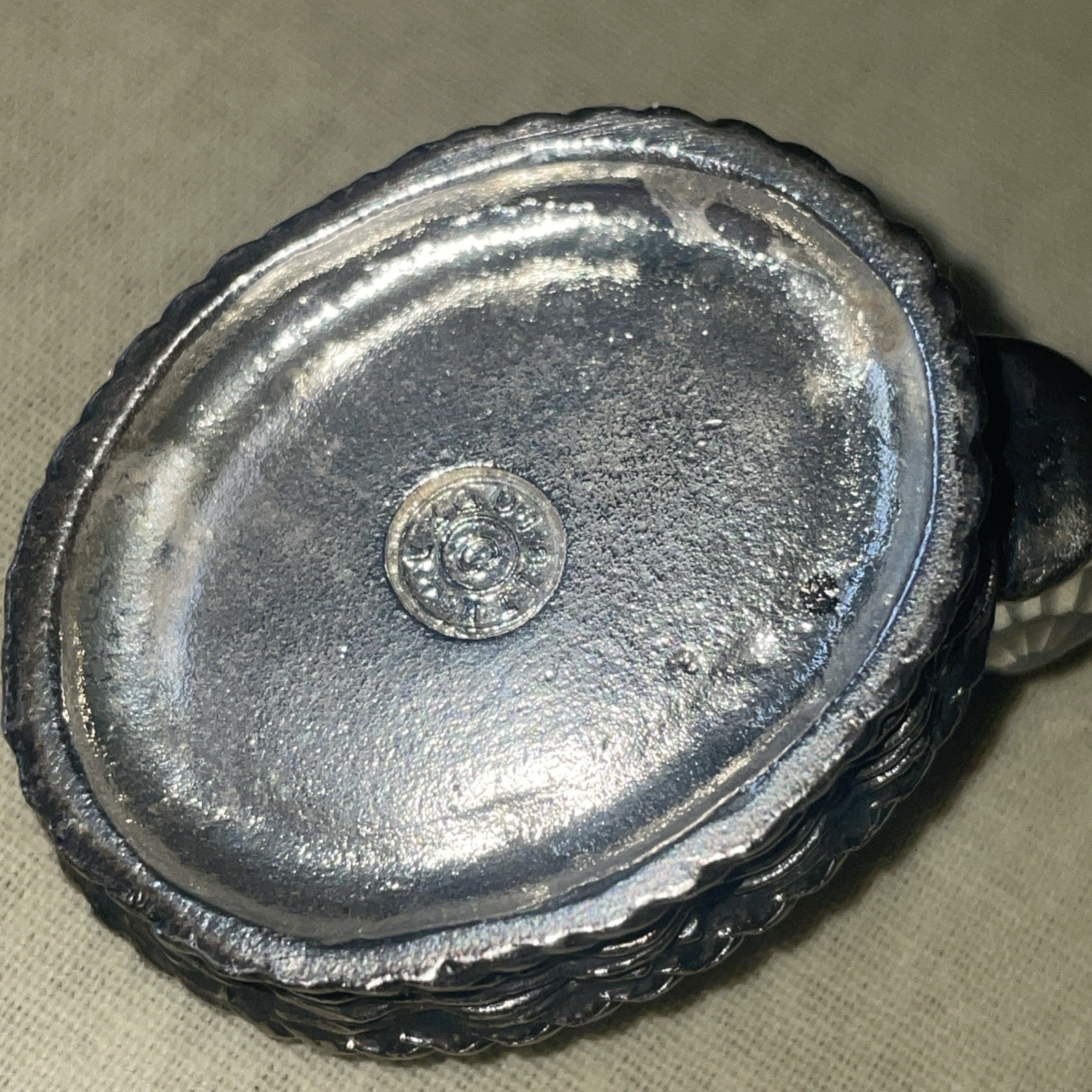 Exquisite Sm Metal Trinket Cobalt Glass Ball Mark Exquisite Base Curio Pewter?