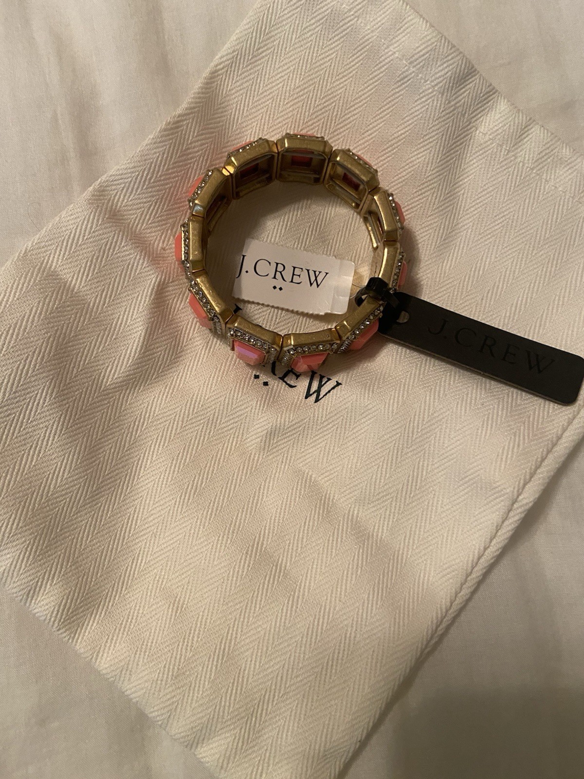 J.CREW Gold-Tone Pink Crystal Rectangle Bezel Stretch Bangle Bracelet